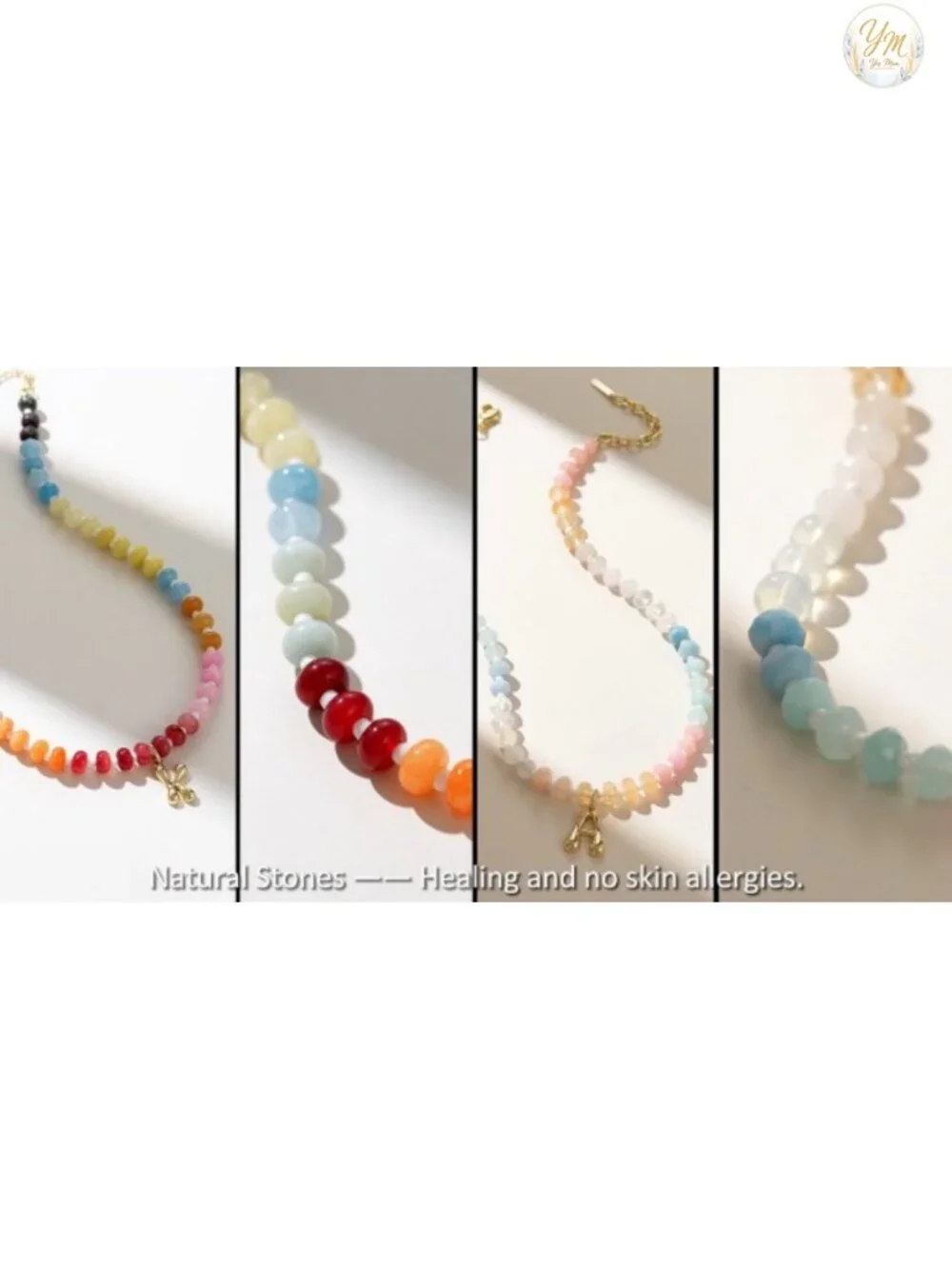 Initial Choker Necklace with Natural Gemstone Beads 14K Gold Bubble Letter
